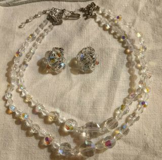 Vintage Aurora Borealis Dbl Strand Crystal Beads Necklace Earring Set