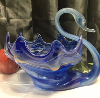 Vintage Sooner Blue Brown Swirl Murano Style Hand Blown Art Glass Swan Bowl Dish