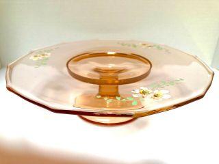 Vintage Pink Depression Glass Cake Plate Hand Painted Flowers Footed 2