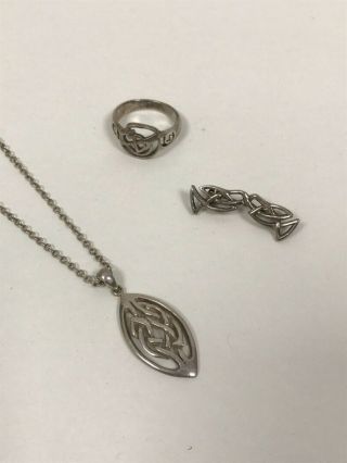 Vintage Solid Silver Celtic Design Jewellery Ring (Q) Pendant,  Chain & Brooch 3