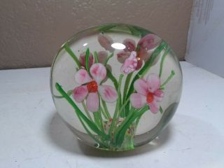 Stunning Vintage Studio Art Glass Paperweight With Flowers On Each Side Pansies?
