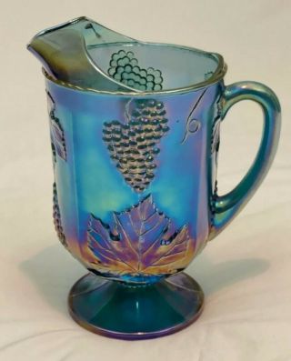Vintage Blue Purple Carnival Glass Pitcher Grape & Leaf Iridescent Depression