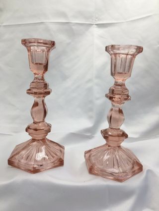 Vintage Pink Depression Glass Candle Sticks Holders Pair