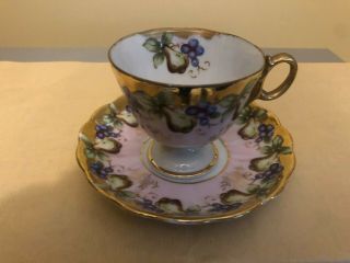Vintage Royal Sealy Pears And Grapes Heavy Gold Gilt Bone China Tea Cup & Saucer