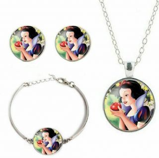 Snow White Princess Glass Domed Pendant Necklace Earring & Bracelet Jewelry Set