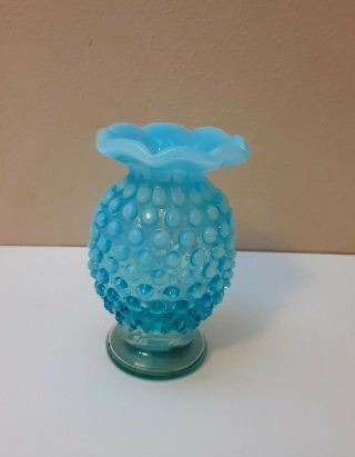 Vintage Fenton Blue Opalescent Ruffled Hobnail Small Glass Vase Old Look