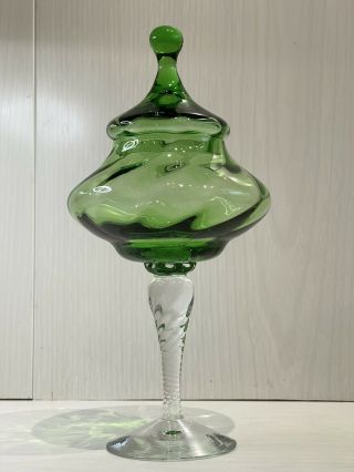 Vintage Retro Italian Empoli Glass Green Pedestal Candy Dish Apothecary Jar