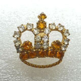 Vintage Royal Crown Brooch Pin Orange Clear Rhinestone Gold Tone Costume Jewelry