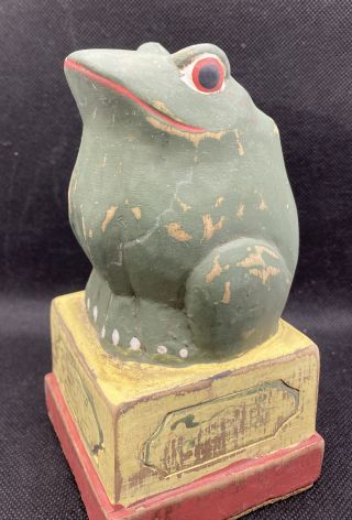 Vintage Hand Carved Wood Hand Painted Folk Art Frog Mantle Bookend Display