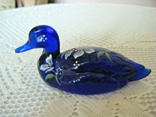 Fenton Cobalt Blue Glass Mallard Duck - Hand Painted And Signed