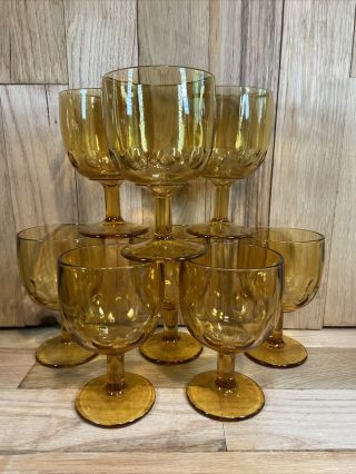 8 Mid Century Modern Amber Yellow Thumbprint Goblets Indiana Glass Large Heavy