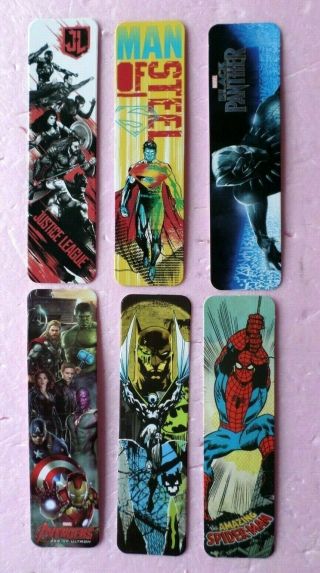 Set Of 6 Inkworks Hero 5 3/4 " Bookmarks - Spiderman Batman Black Panther