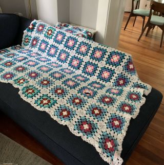 Vintage Afghan Crochet Blanket White With Multi Handmade 67x56 Granny Square