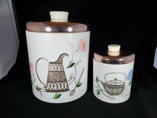 Vintage Set Of 2 Ransburg Mcm Kitchen Canisters,  Copper Tops,  Retro 50s Kitsch