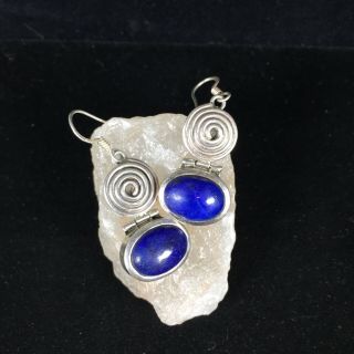 Vintage Sterling Silver Earrings Blue Lapis Stone Spiral Boho Dangle Swivel 925