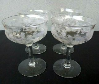 Central Glass - Thistle - Elegant Etched Glass Champagne Sherbets - Set Of 4