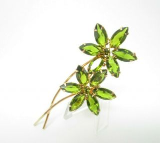 Green Marquise Rhinestone Double Stem Flower Vintage Brooch Pin 3.  5 " Long