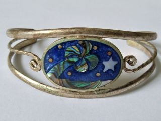 Vintage Alpaca Silver Cuff Bracelet With Mother Of Pearl Inlay