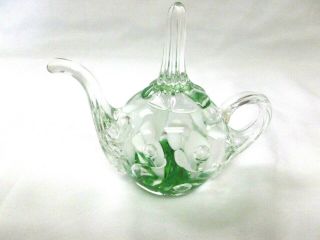 Joe St Clair Art Glass White Trumpet Flower Teapot Ring Holder Paperweight
