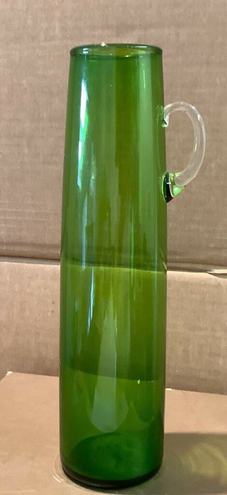Vintage Olive Green Glass Vase/jug With Glass Handle