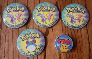 Pokemon First Movie Promo Buttons/pins & Pokemon Snap Click Clak Candy Tin