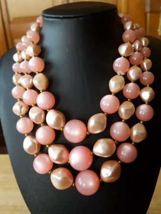 Vintage Pink Bead 3 Strand Necklace