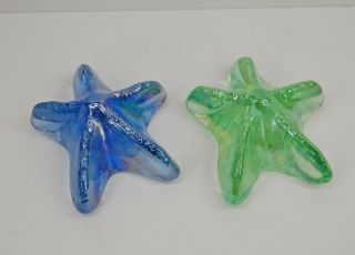 Two Recycled Art Glass Iridescent Blue Green Starfish Shooting Star Paperweights
