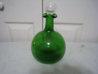 Vintage Blenko Emerald Green Decanter With Clear Stopper 9 " Tall