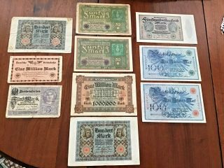 10 Vintage German Reichsbanknotes Marks - Old Dates,  1908 - 1923 - Historical