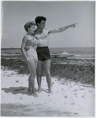Barefoot Bathing Beauty Terry Moore On Beach W/ Beau 1950s Photograph