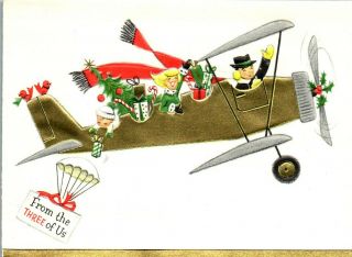 Happy Family From The Three Of Us Airplane Plane Vtg Christmas Greeting Card