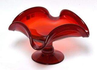 Retro Blenko Mcm Art Glass Ruby Red Pedestal Crimp Bowl Item 6950 Ex.  Cond