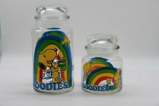 Set Of 2 Vintage 1965 Peanuts Snoopy Woodstock Glass Goodies Canister Jars