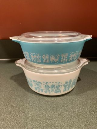 Pyrex Amish Butterprint Round Casserole Dishes W/ Lid 471 & 472 Turquoise