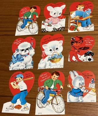 X9 Adorable Vintage Norcross Valentines Kitten Poodle Baseball Kids Bike Bunny,