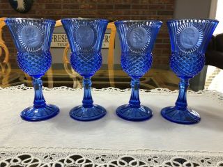 4 Fostoria Produced George & Martha Washington Cobalt Blue Glass Goblets (avon)
