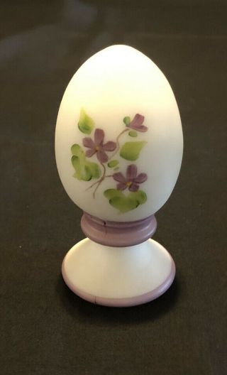 Fenton Hand Painted Violets In The Snow On White Satin Egg