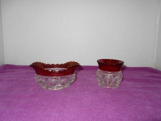 Vintage Clear And Red Glass Sugar Bowl And Creamer W/sawtooth Edge