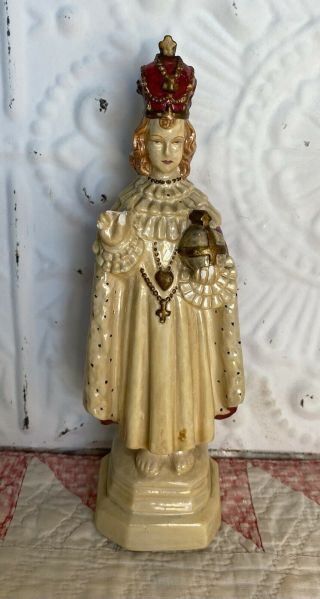 Vintage Infant Of Prague Chalkware Jesus Catholic 8” Tall Hanging Wall Statue