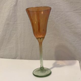 Blown Glass Tulip Twisted Stem Wine Glass Signed 9 " Gold Iridescent Green Stem