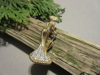 Vintage Signed A&s Victorian Woman & Parasol Rhinestone Gold Tone Small Brooch