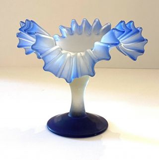 Vtg Fenton Colonial Blue Thumbprint Ruffled Pedestal Compote Candy Dish Vase