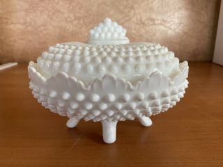 Oval Fenton Hobnail Milk Glass Lidded Footed Candy Dish Box