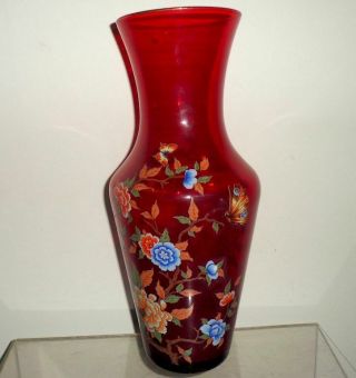 Vintage Norleans Red Glass Floral Vase Hand Painted Flower Butterfly Italy 11 "