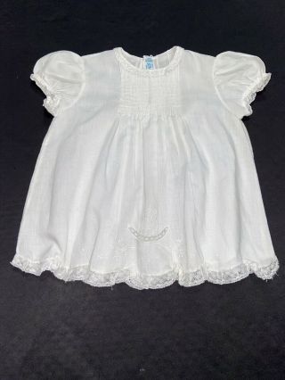 Vtg Feltman Bros Dress - Born - Poly Bl - White Embroidered/lace - Sh Sleeve