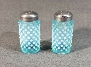 Vintage Mid Century Fenton Hobnail Blue Opalescent Glass Salt & Pepper Shakers