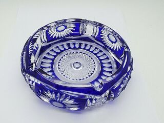 Vintage Bohemian Cut Glass Dish Ash Tray Clear Glass Overlaid With Cobalt Blue