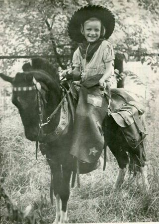 Happy Little Girl W Cowboy Outfit & Hat Sitting On Pony Vintage Photo Pa Estate