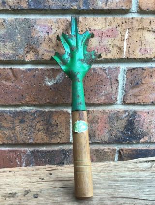 Vintage Green Metal Garden Claw Hand Tool Wood/metal Rustic Farm Decor