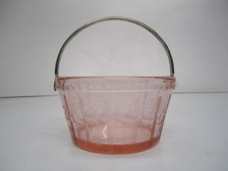 Vtg Pink Floral Etched Depression Glass Small Ice Bucket Butter Tub Metal Handle